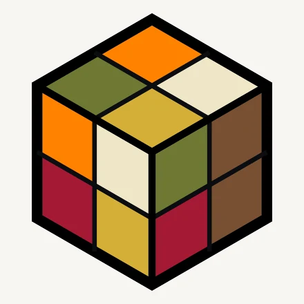 A scrambled 2×2 in brown, olive, orange, gold, crimson and cream.
