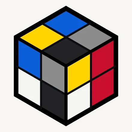 A scrambled 2×2 in red, yellow, blue, black, white and grey.