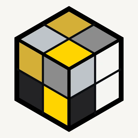 A scrambled 2×2 in white, silver, gold, yellow, black and grey, in which 2 pairs of sides are hard to tell apart.