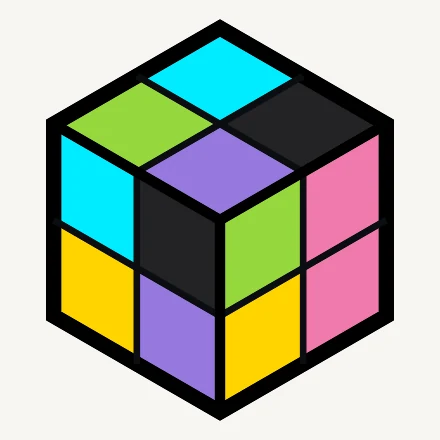 A scrambled 2×2 in pink, lime, cyan, violet, yellow and black.