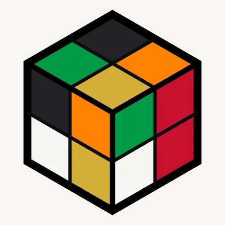 A scrambled 2×2 in red, green, black, gold, white and orange.