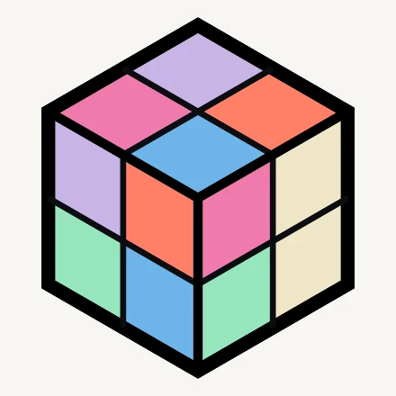 A scrambled 2×2 in cream, pink, lavender, sky blue, mint and coral.