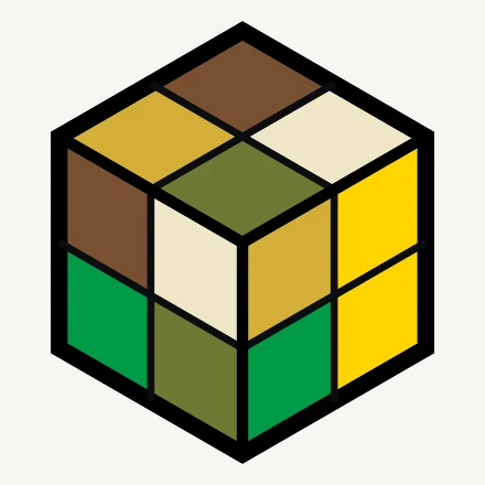 A scrambled 2×2 in yellow, gold, brown, olive, green and cream, in which the yellow and gold sides are hard to tell apart.