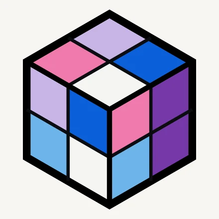 A scrambled 2×2 in purple, pink, lavender, white, sky blue and blue.