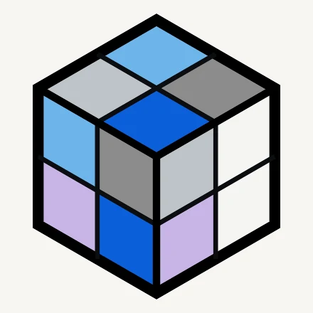 A scrambled 2×2 in white, silver, sky blue, blue, lavender and grey, in which the white and silver sides are hard to tell apart.