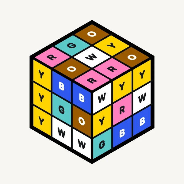 The same scrambled cube in the Colourblind palette: pink, brown, teal, yellow, white and blue stickers, each with its initial letter.