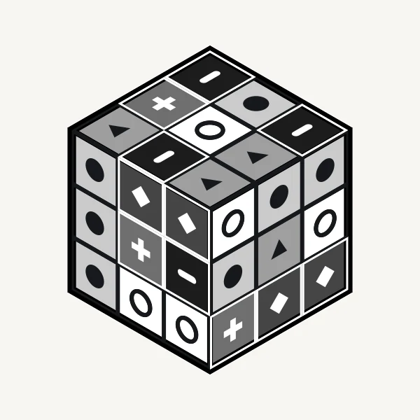 The same scrambled cube in the Mono palette: 6 greys, each sticker carrying a shape: a ring, disc, triangle, cross, diamond or bar.
