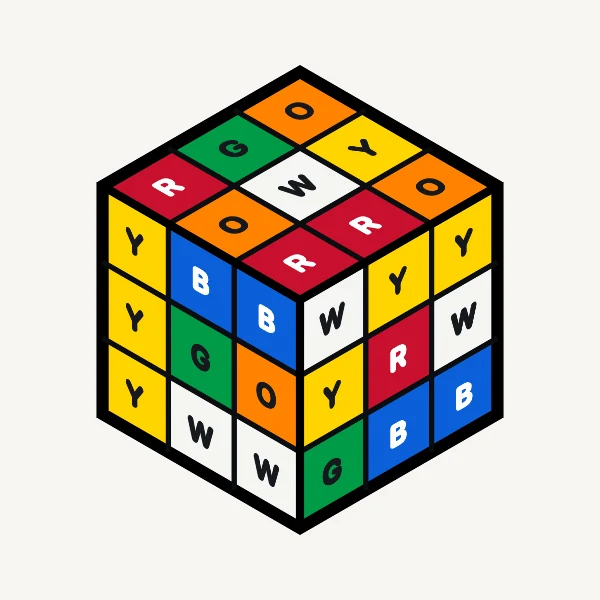 A scrambled cube in the Standard palette: white, yellow, red, orange, green and blue stickers, each with its initial letter.