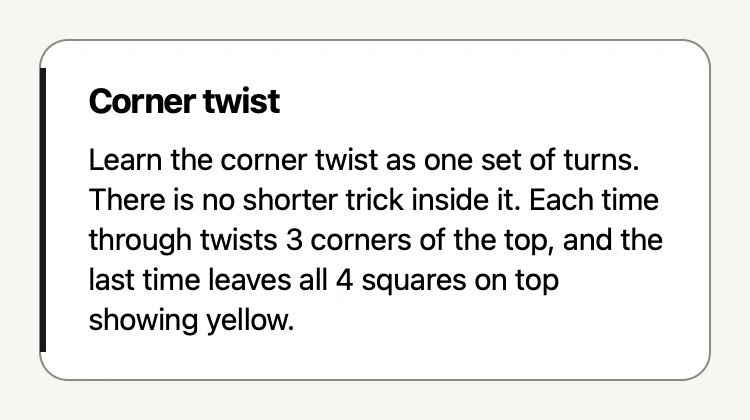 The step card at the default text size: the bold heading Corner twist and 3 sentences of explanation under it.