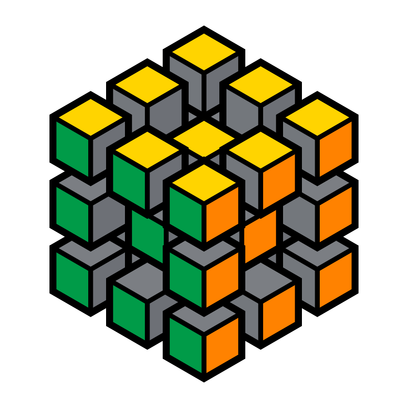 The 3×3 as How This Puzzle Is Built shows it: the 26 pieces drawn a little apart, coloured on the outside and grey where they touch.